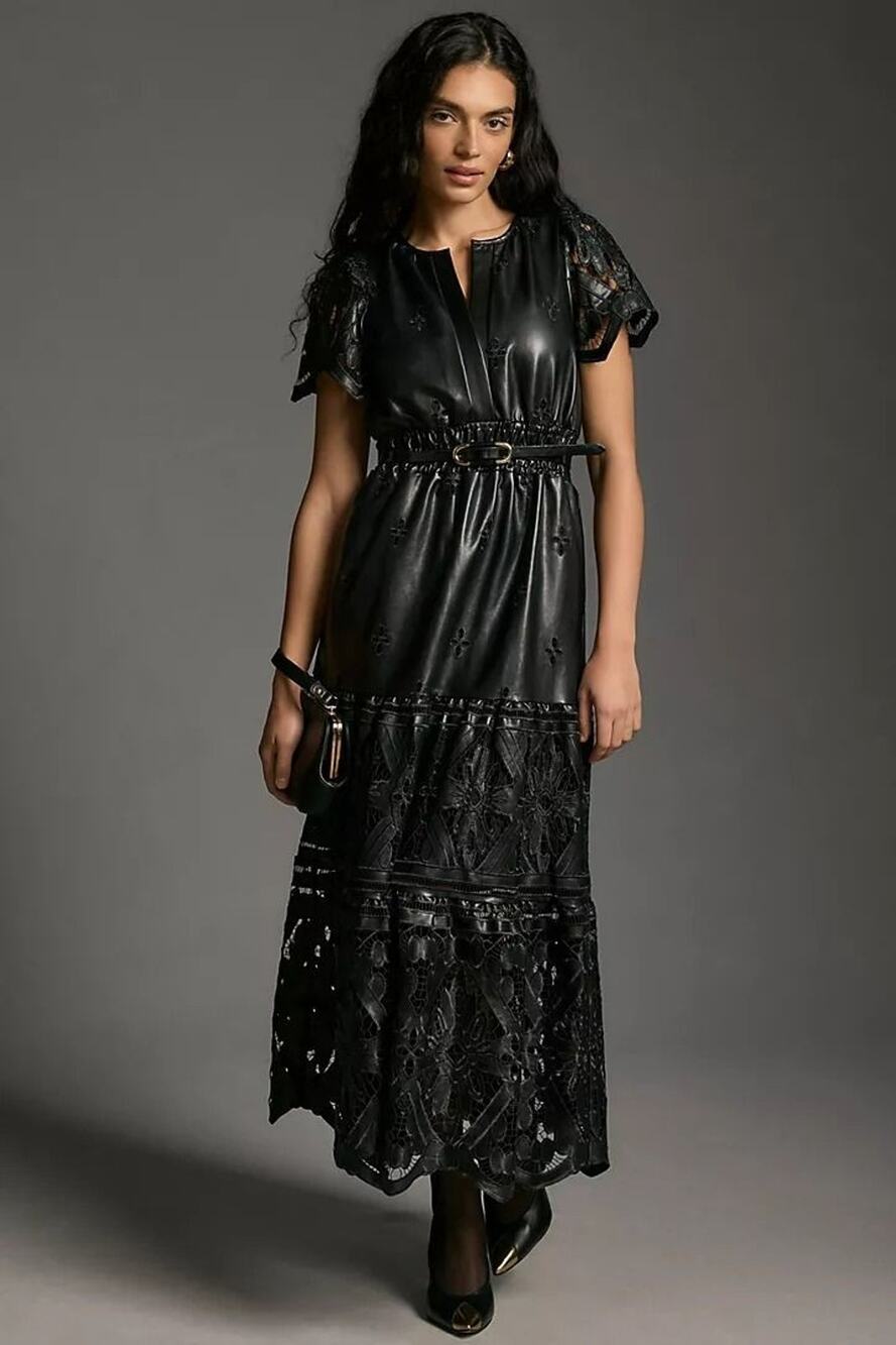 NWT Anthropologie The Somerset Maxi Dress: Faux Leather Embroidered BLACK XS